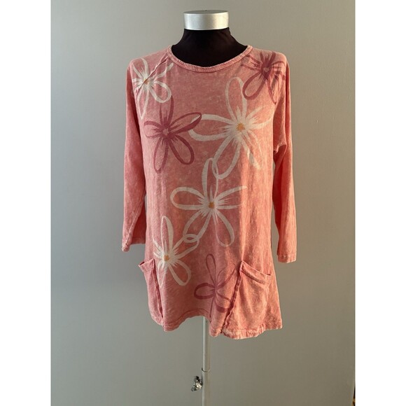 Jess & Jane Daisy Tunic Top Size L Orange Floral Asymmetrical Pockets Lagenlook - Picture 1 of 12